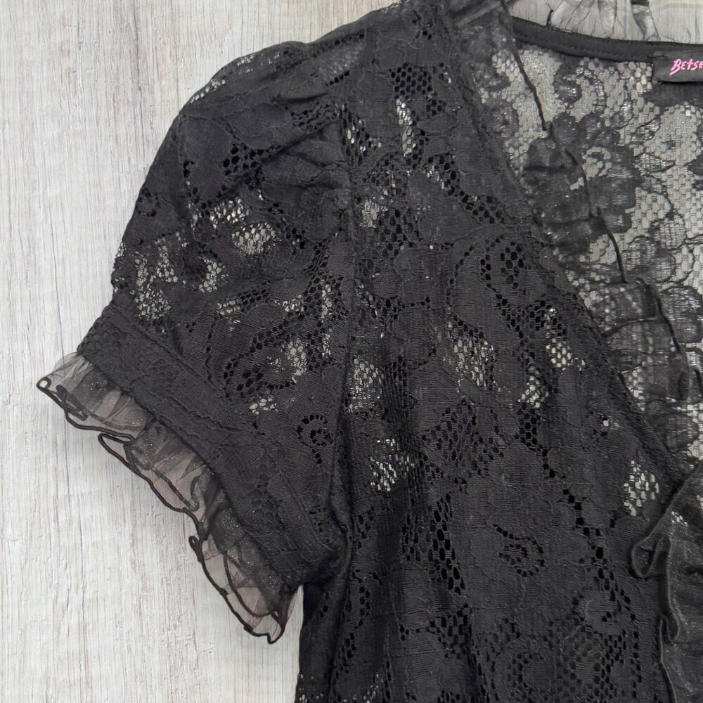 Y2K Betsey Johnson Black Lace Overlay Dress Slip Puff Sleeve Ruffle Trim Vintage - Picture 8 of 11